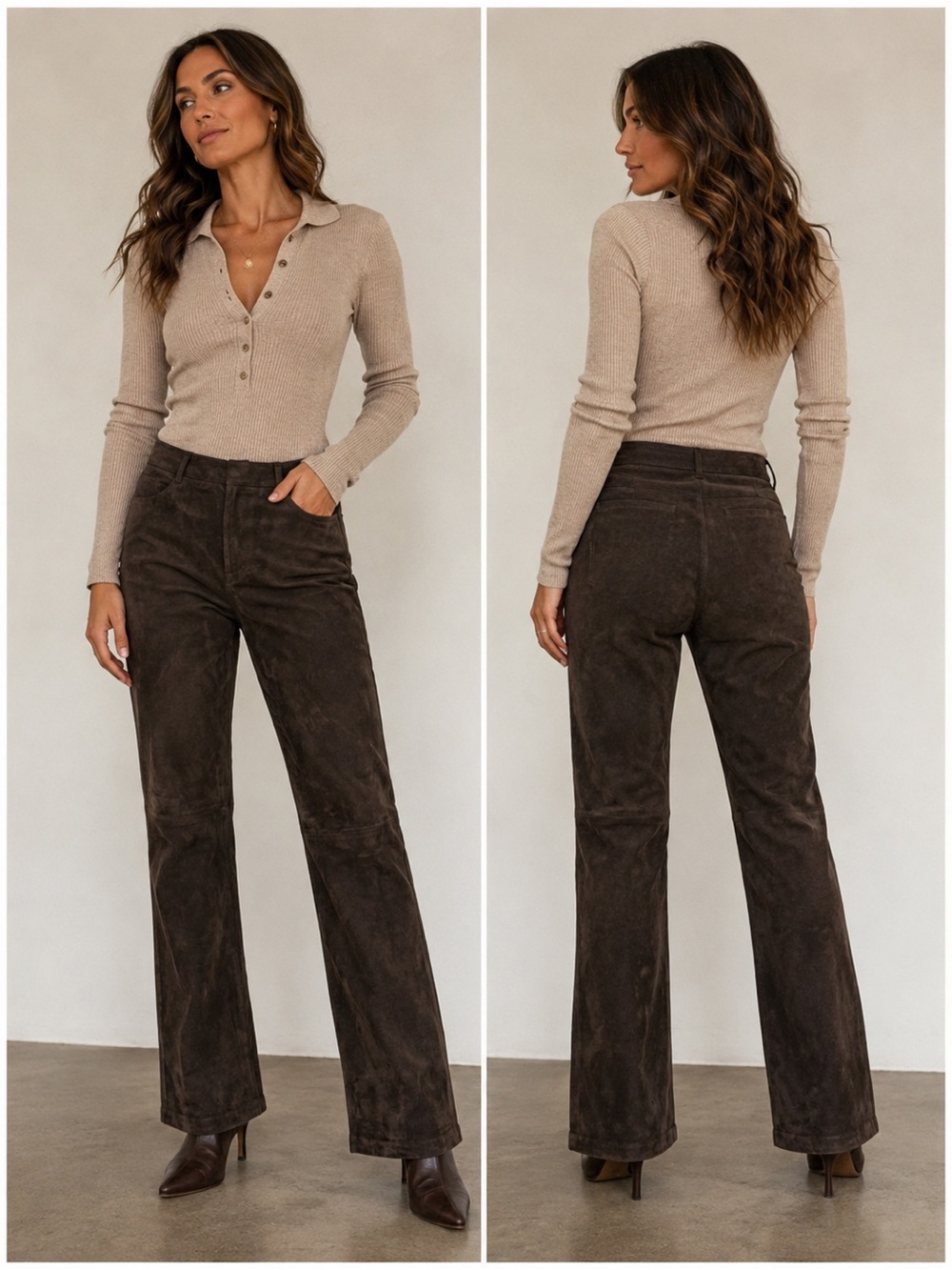 Nine West dark chocolate brown suede leather straight boot cut pants women Sz